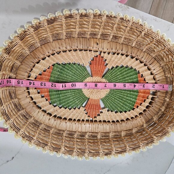 Vintage Oval Basket Handwoven Natural Fiber Oval Cowrie Shell Coiled Bread Boho - Picture 5 of 10